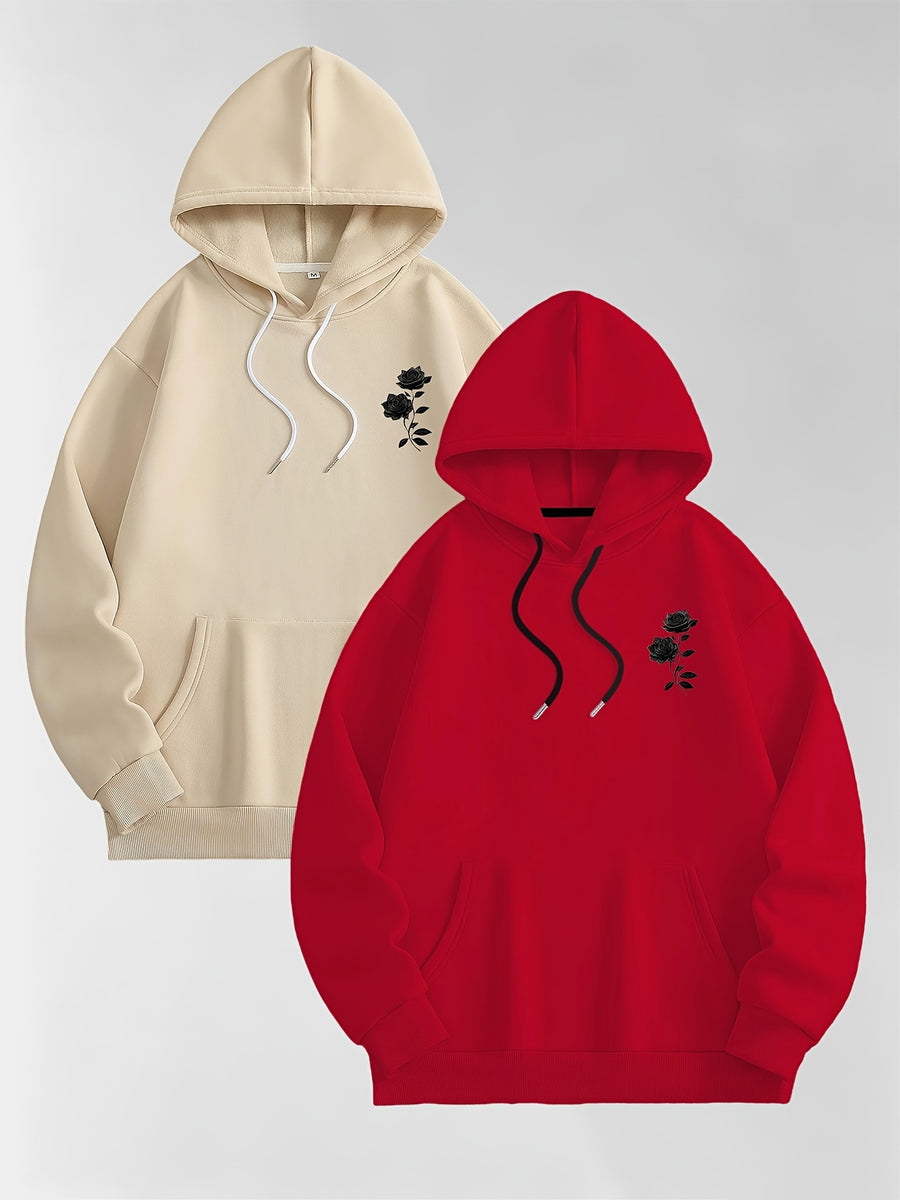 Men'S Autumn Winter Letter Print Hooded Fleece-Lined Sweatshirt, All-Match Sport Casual Loose Hooded Sweatshirt 2pcs Set - Red-Apricot Color-Black
