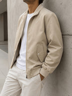 Men'S Casual Stand-Collar Jacket, Spring Autumn New Solid Color Loose Baseball Top, Trendy Easy Zippered Shirt, Everyday Commute City Street Versatile Men'S Clothing - Off-white