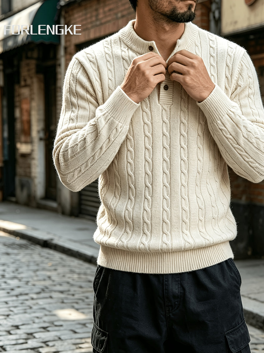 FORLENGKE Autumn Winter Men'S Henley Collar Half-Button Cable Knit Top Vintage Street Style 3D Twist Knit Long Sleeve Sweater Loose Slimming Casual Versatile Inner Wear Outer Wear Pullover Shirt - Beige Apricot