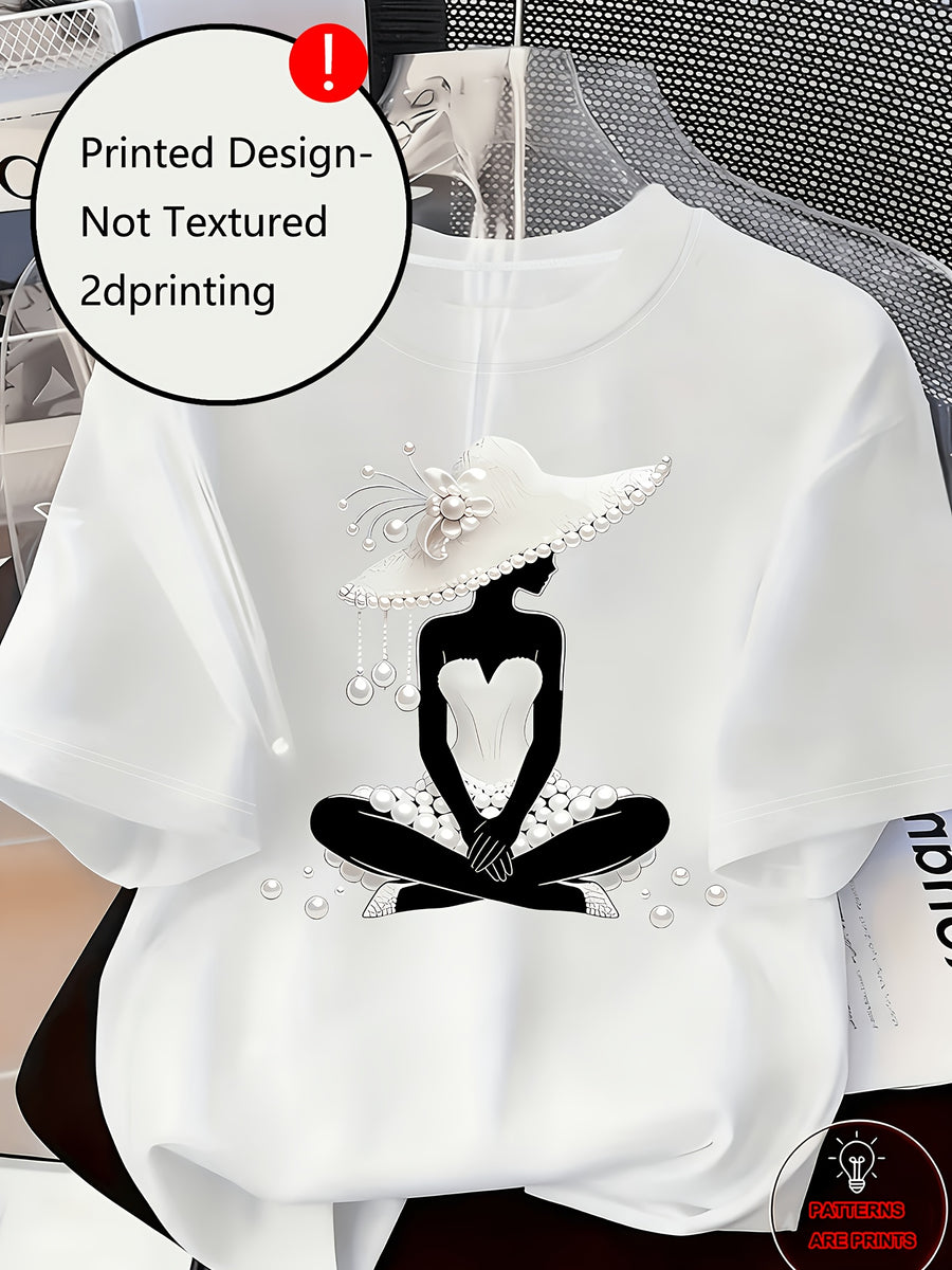 Printed Design Casual Crew Neck T-Shirt, Spring/Summer Fashion Women's T-Shirt [Printed Design – Not Textured] - White 5