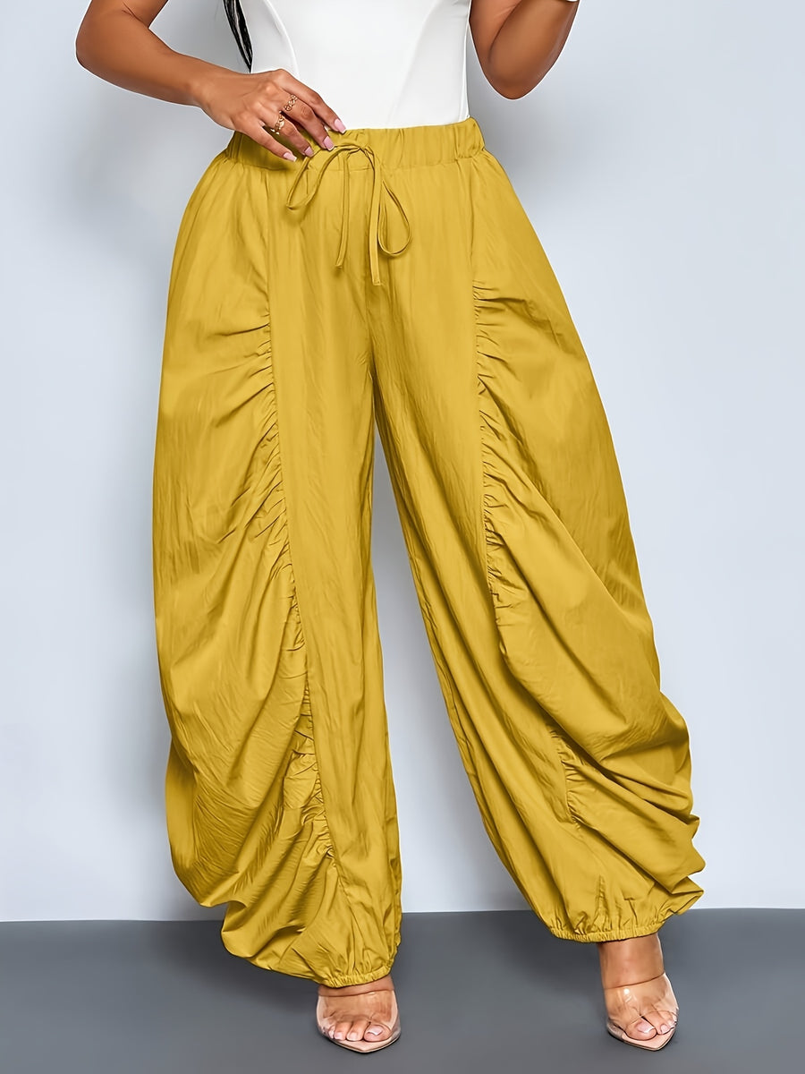 Women'S Fashion Solid Color Loose Casual Trousers, Pleated Design with Elastic Waistband, Wide-Leg Style, All-Season Versatile for Casual Wear Zzy Spring Summer - Mustard Yellow