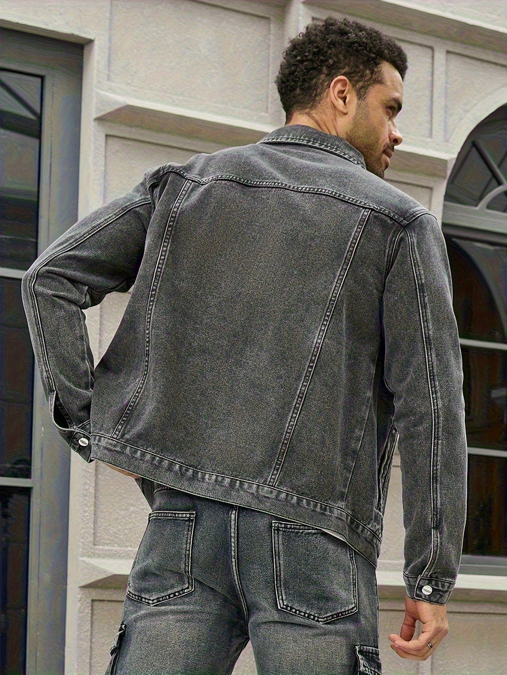 Men'S Trendy Black Gray Denim Jacket - Multi-Pocket All-Season Outerwear, Heavyweight Fabric, Long Sleeve, Lapel, Regular Fit, Casual, Autumn, Daily - Deep Grey