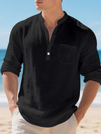 Men'S Textured Henley Shirt, Long Sleeve Casual Pullover with Stand Collar, Button Placket And Chest Pocket, Lightweight Relaxed Fit Top for Beach Vacation, Resort Travel, Weekend, Outdoor Leisure, And Daily Streetwear - Black