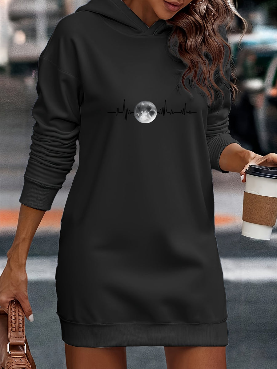 Women'S Casual Hooded Sweatshirt Dress, Long Length Hoodie, Loose Comfortable Fit, Thin All-Season Wear, Breathable Non-Stuffy Fabric, Easy Printed Pattern, Red | Sky Blue | Black Available - Black
