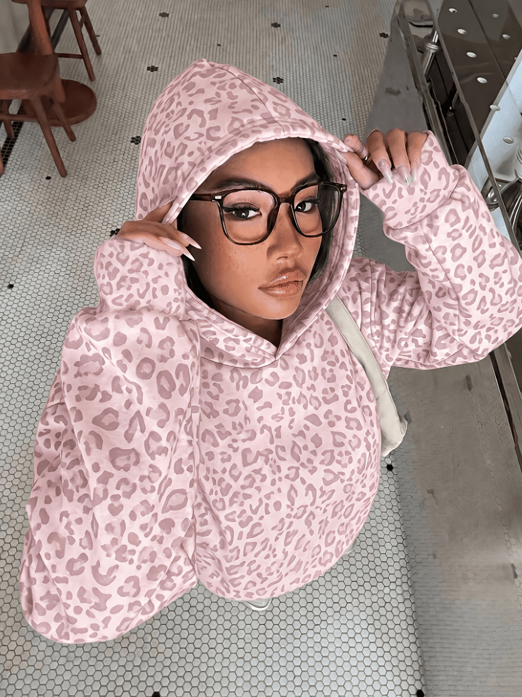 Women's Fashion Leopard Print Hoodie Sweatshirt - Pink Color