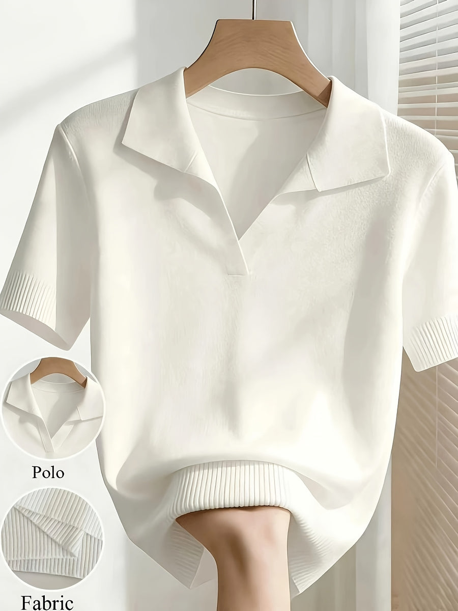 France Ladies Spring/Summer White Easy Casual Lapel Short Sleeve Slim Top, Suitable for Daily Wear, Summer Vacation, Spring Wear, Elegant And Fashionable - White
