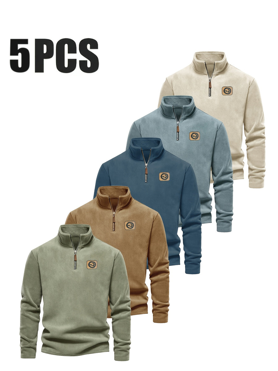 Men'S 5pcs Versatile Basic Fleece Sweatshirt, Half-Zip Stand-Up Collar Autumn And Winter Long-Sleeved Top - Mint Green+Dark Blue+Gray Blue+Apricot+Orange