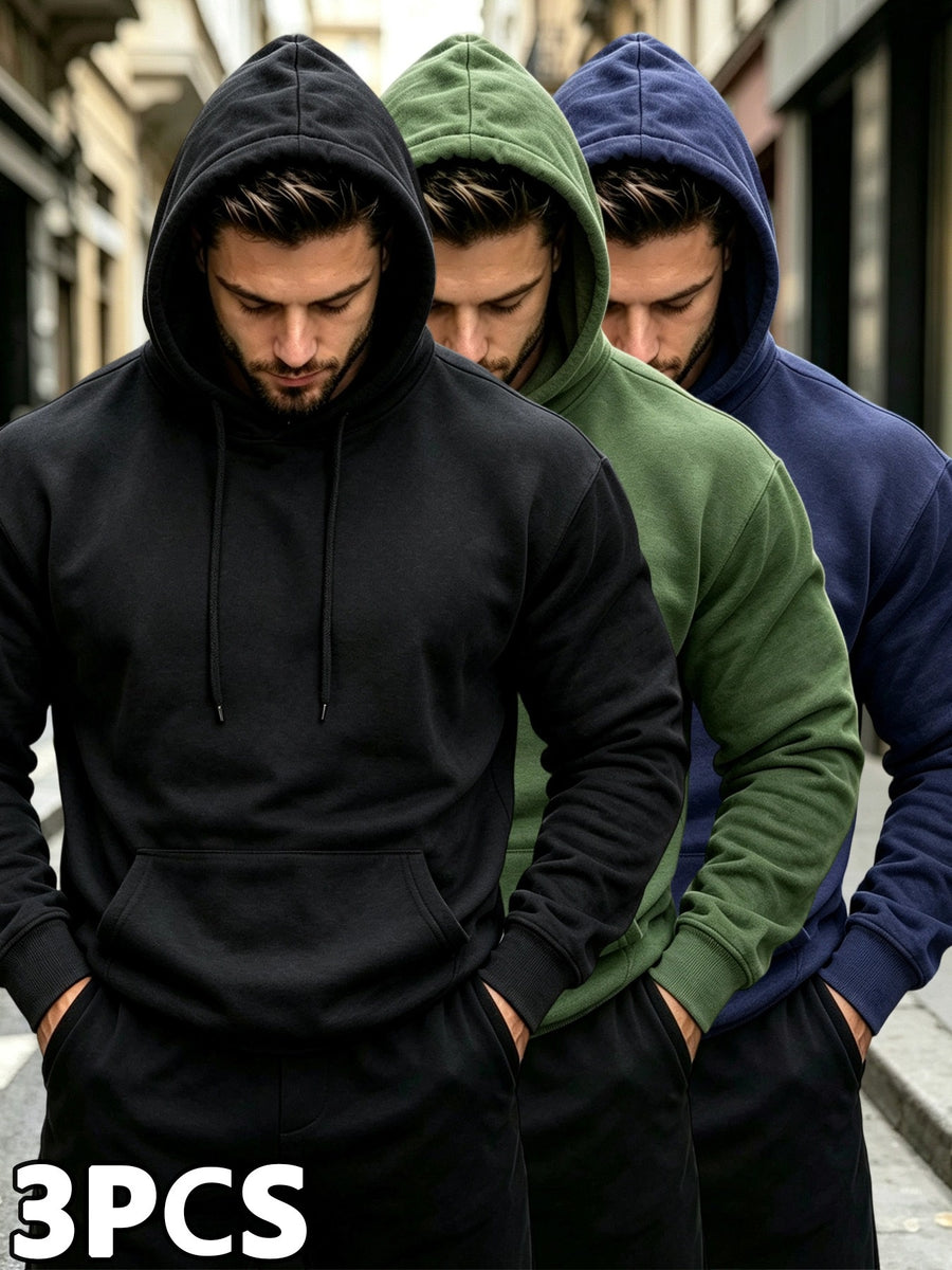 3pcs Men'S Solid Color Hooded Sweatshirt Set, Regular Fit, Drawstring Pullover Top, Fleece Lined, Warm And Comfortable, Elastic Soft, Casual Daily Home Wear, Suitable for Fall Winter Fashion Men'S Outfit - Black + Army Green + Navy Blue