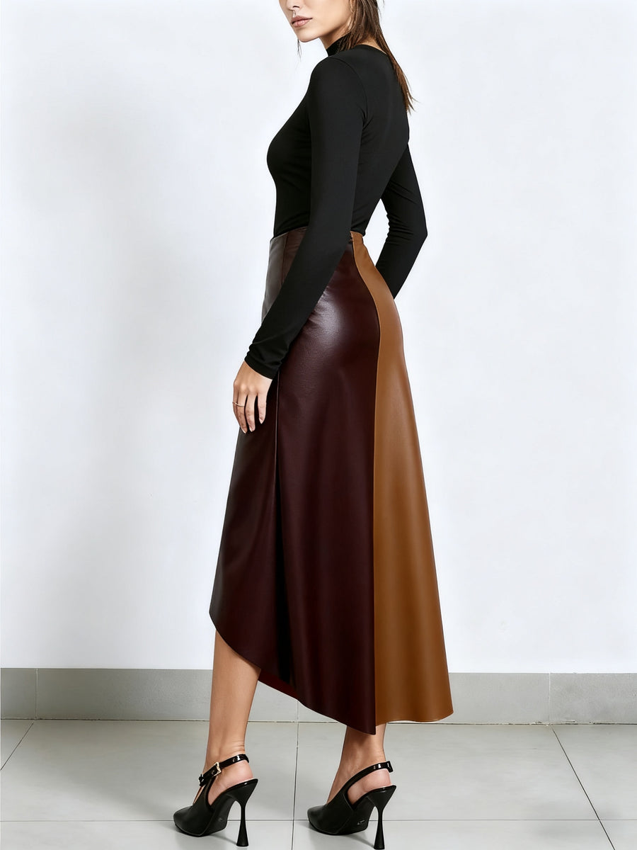 2026 Spring Summer New Arrival Skirt: Irregular Color Block Patchwork, Strong Design Sense, Bodycon Slim Fit Shapes Curves, Minimalist Fashion & Sexy, Y2K Style, Suitable for Casual, & Office Women'S Wear - Brown, milky white, and dark red clash