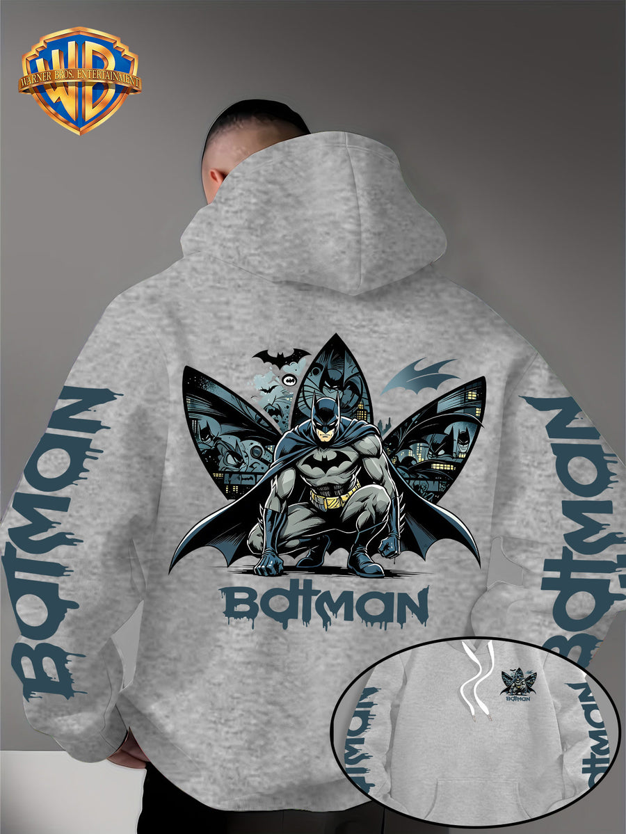 Warner Bros. Official 1pc Men's Hooded Long-Sleeve Sweatshirt - Batman Gotham Night Scene Multi-Panel Print + BATMAN Drip Graffiti Letter Creative Graphic Print, Letter Print on Both Sleeves, Cool DC Superhero IP Graphic Hoodie, Skin-Friendly - Light Grey