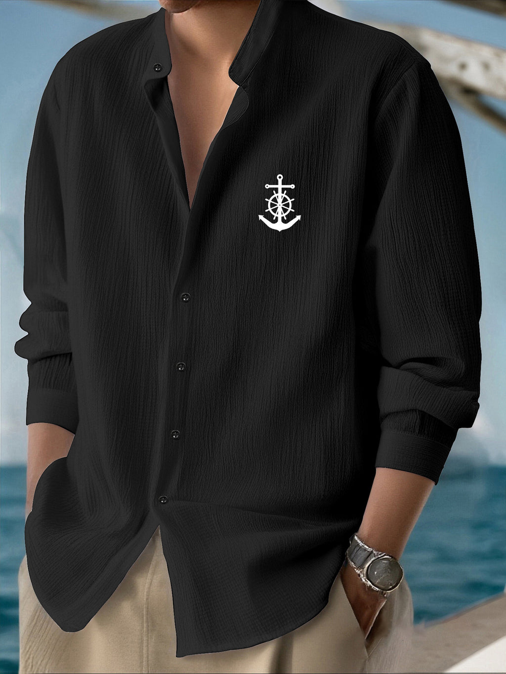 Men'S Casual Lightweight Long Sleeve Shirt - Autumn Quick-Dry Breathable Material Quality Fabric, Print Pattern - Stand Collar Design Button-Up Top, Suitable for Vacation And Commute, Formal Casual Shirt - Trendy Fashion Streetwear Men'S Clothing - Black