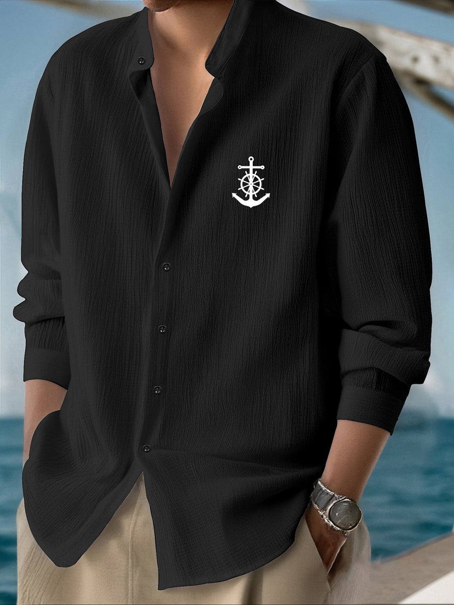 Men'S Casual Lightweight Long Sleeve Shirt - Autumn Quick-Dry Breathable Material Quality Fabric, Print Pattern - Stand Collar Design Button-Up Top, Suitable for Vacation And Commute, Formal Casual Shirt - Trendy Fashion Streetwear Men'S Clothing - Black