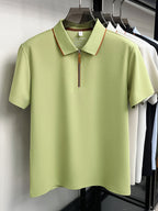 Men'S Zip-Up Polo Shirt, Summer Business Casual Contrast Collar Short Sleeve T-Shirt, Breathable Quick-Dry Commute Top, Men'S Athletic Polo Shirt, Summer Commute Men'S Clothing - Green