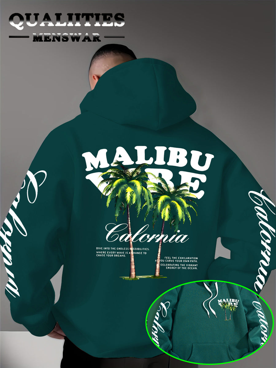 Men'S Casual Stylish Quality Hoodie Featuring The MALIBU VIBE Design with Two Palm Trees, Embodying The American California Beach Vibe Filled with Sunshine, Freedom, Knit - Dark Green