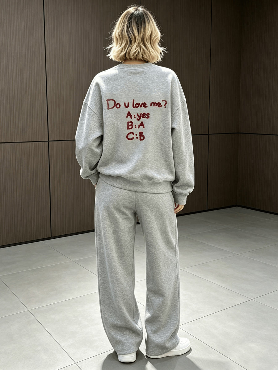 2pcs Women's Solid Color Sweatshirt and Sweatpants Set with Red Letter Print on the Back as a Visual Focal Point. Simple Solid Color Design on the Garment. Loose-fitting Pants for Unrestricted Movement. Suitable for Running, Fitness, and Daily - White Gray