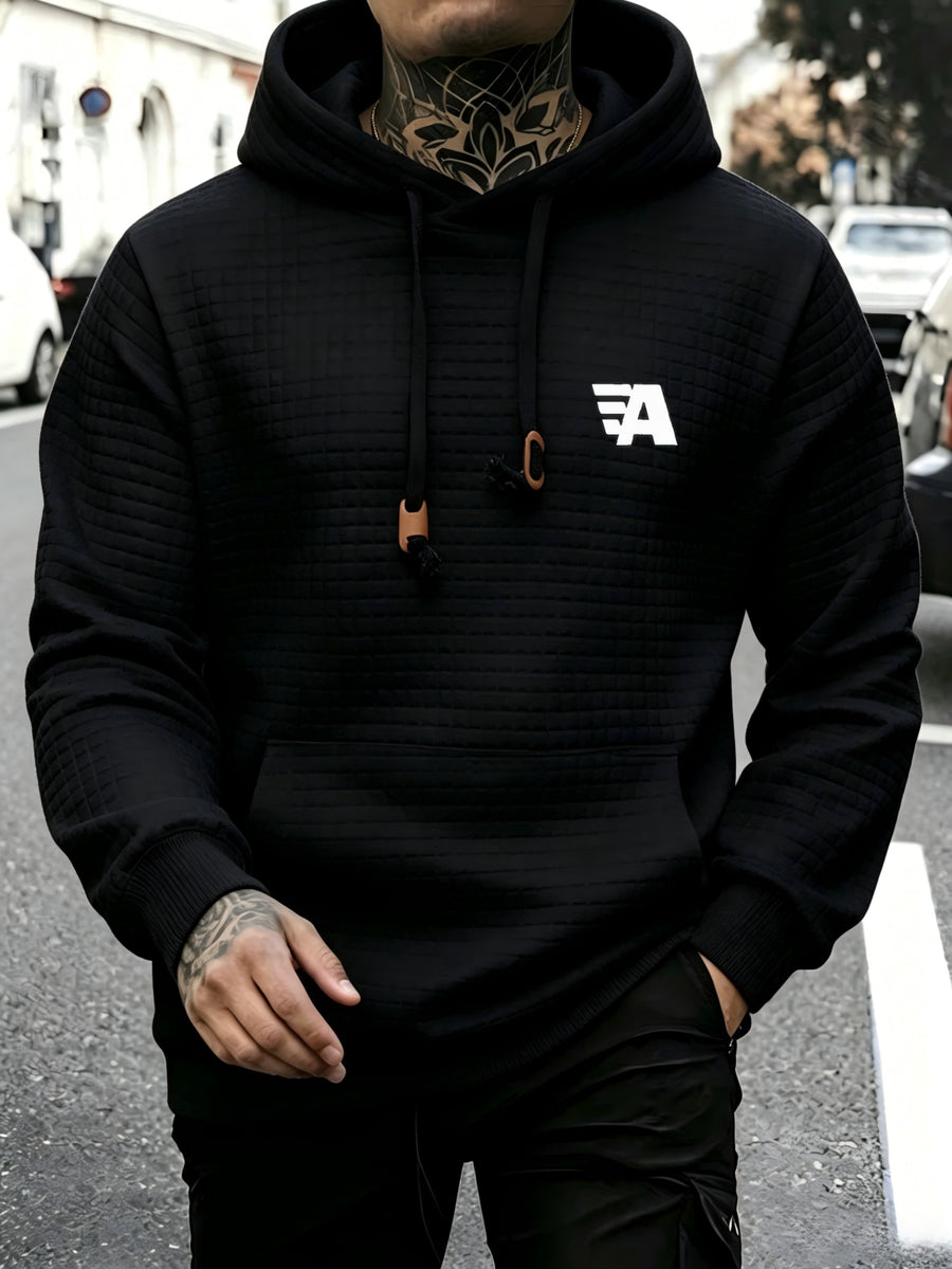 Waffle Pattern Solid Color Hoodie Men Cool Hoodie No Pocket Design Spring Autumn Men Casual Pullover Hooded Sweatshirt Street Trend Style Plus Size - Black