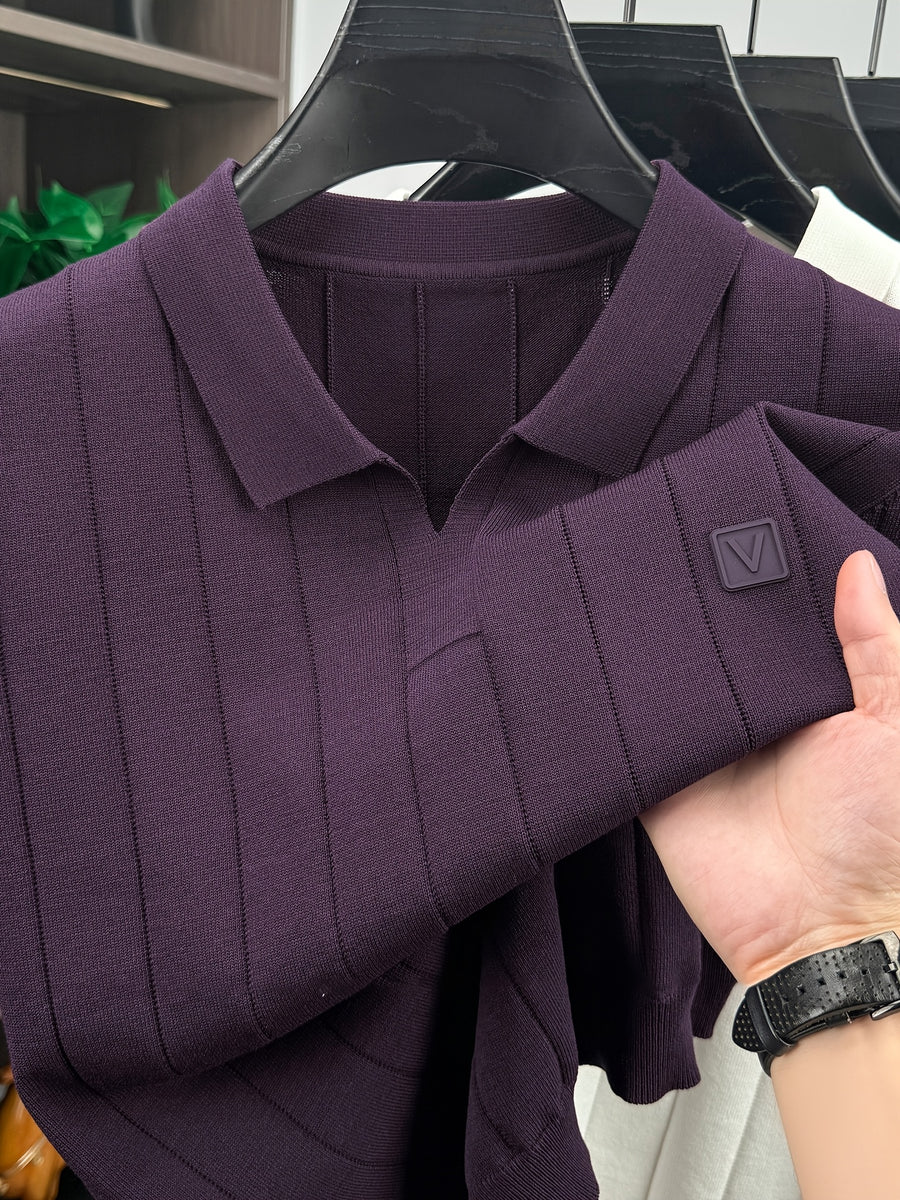 Men'S Knit Polo Shirt Short Sleeve V-Neck Vertical Stripes, Business Casual Spring Summer Commute Top, 1pc Multi-Occasion Ready - Purple