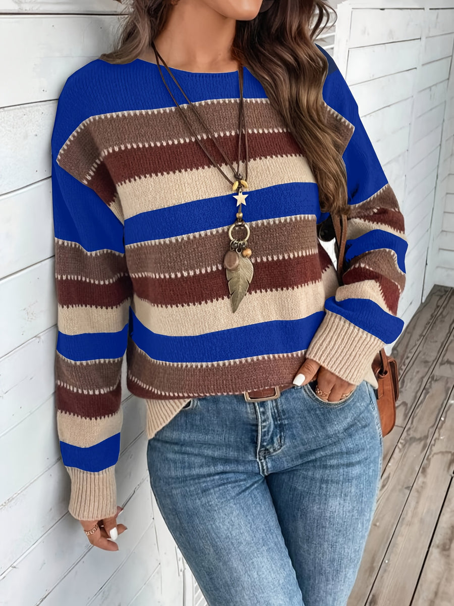 Women's Vintage Casual Sweater - Soft Medium-Stretch Round Neck Long Sleeve, Horizontal Striped Loose Fit Pullover for All-Season Comfort & Everyday Elegance, Cute Sweaters, Elegant Layering Piece, Durable Knitwear - artificial jade orchid