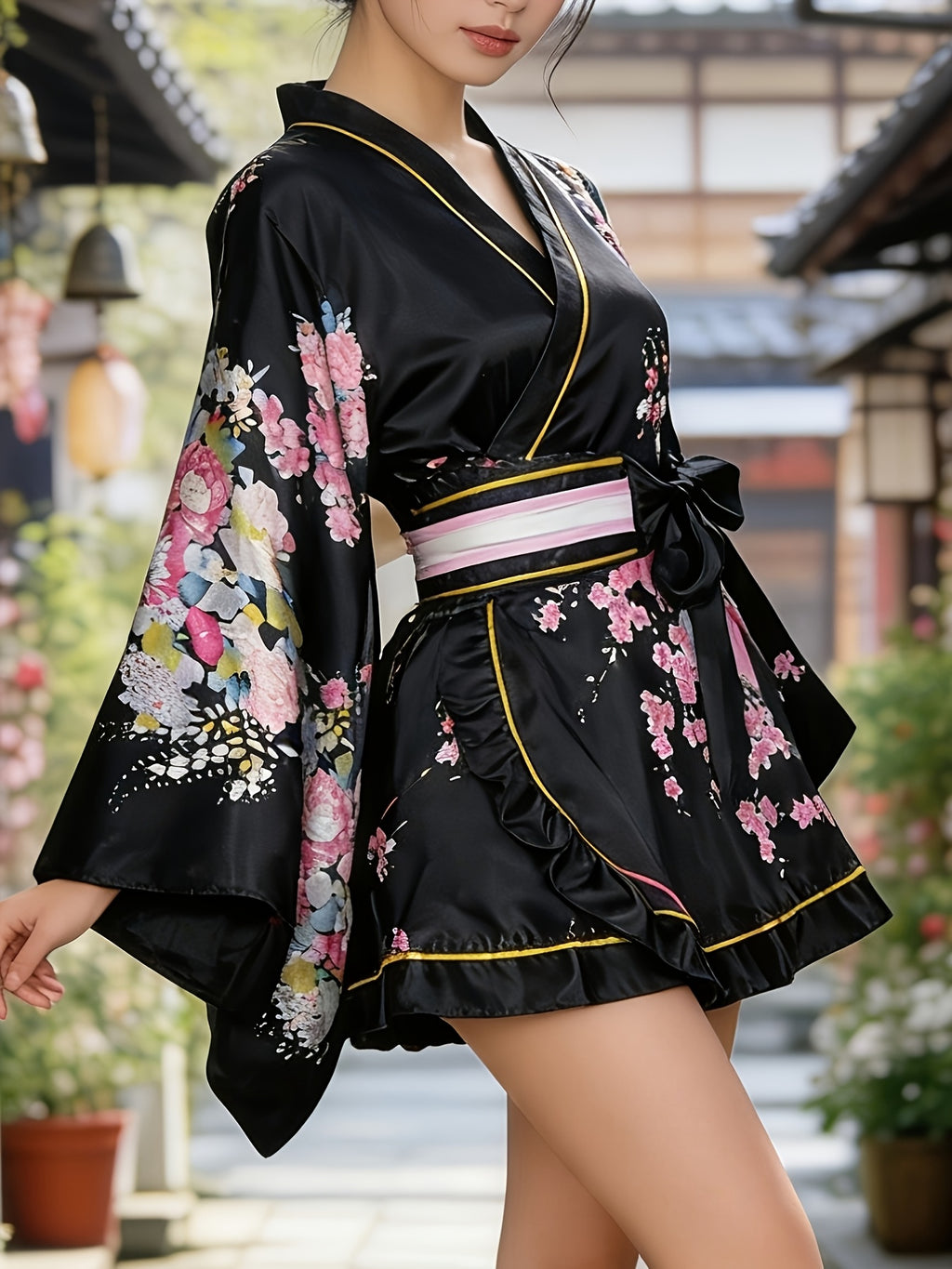 Japanese Traditional Cosplay Outfit for Women, Formal Japanese Kimono, Yukata, Sleep Robe, Shortened Modified Traditional Kimono, Cosplay Anime Photoshoot Performance Homewear, Sweet Dress and Short Skirt, Ramadan Apparel - Black