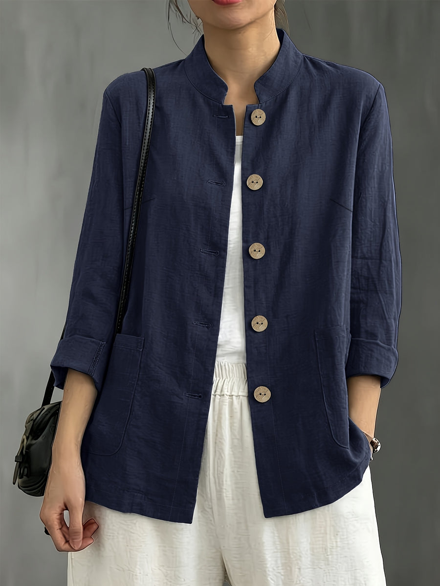 Chinese Style Small Lapel Three-Quarter Sleeve, Relaxed Style Breathable Casual Vacation All-Match Jacket - Navy Color