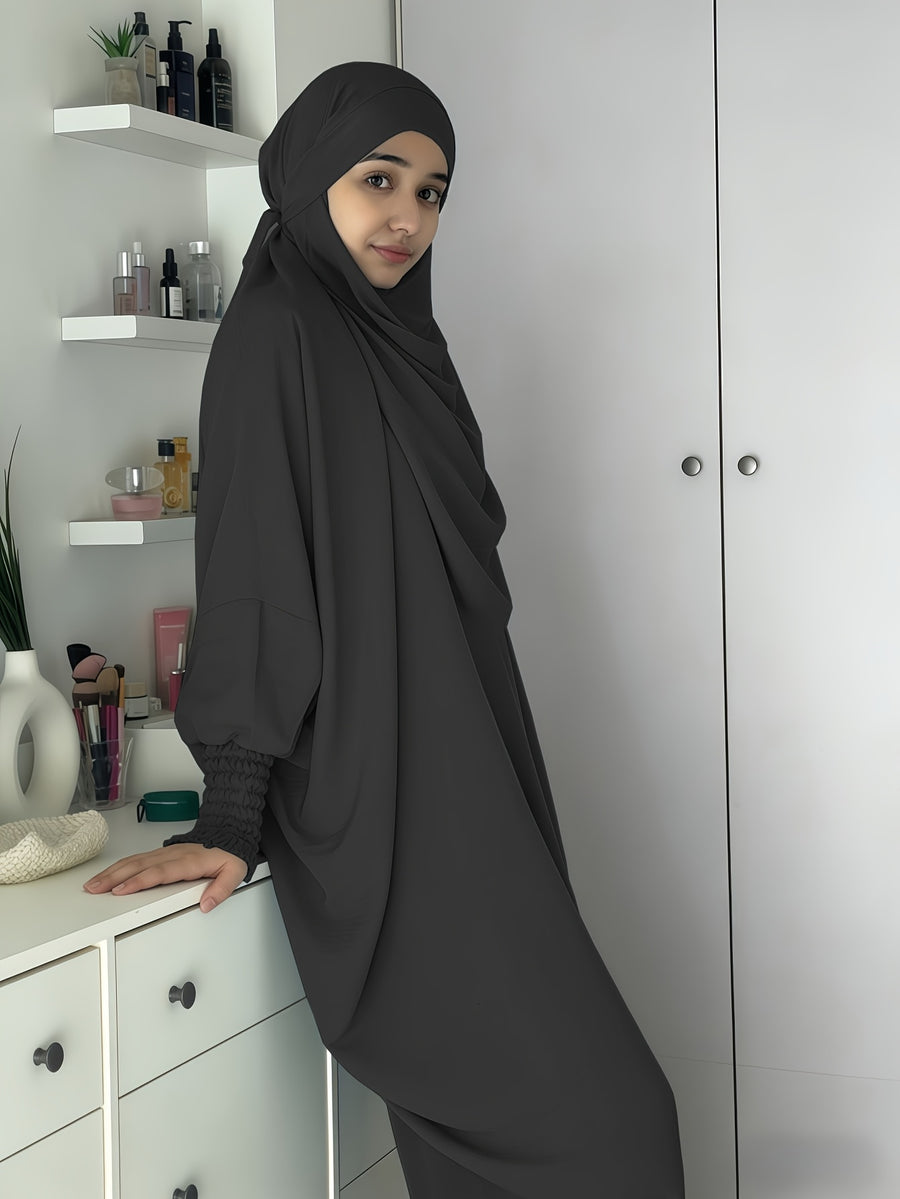 Khimar and Abaya Jilbab Dress, Loose Robe with Elastic Sleeves, High Privacy, Premium Jilbab for Muslim Women, Prayer Headscarf, Islamic Clothing, Khimar - Black