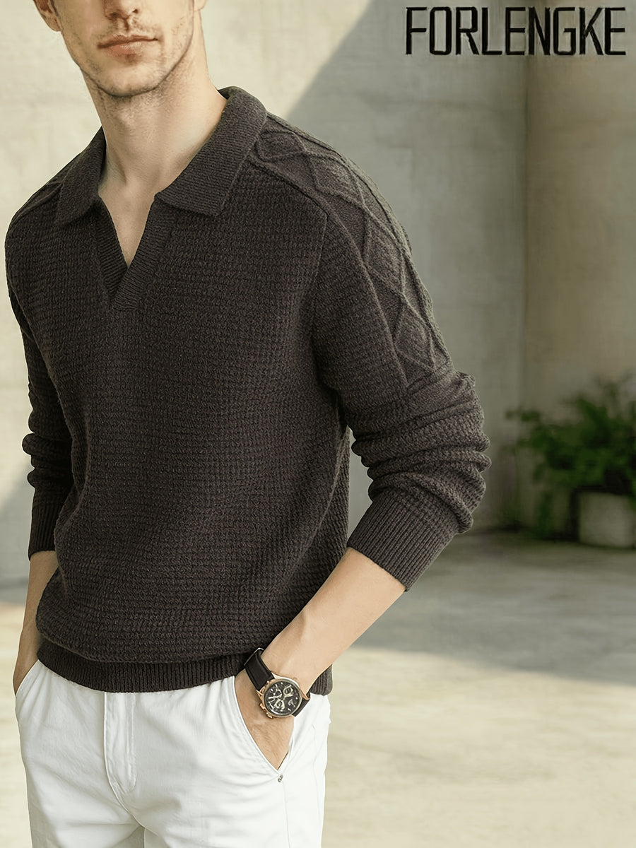 FORLENGKE Men'S Business Casual Lapel V-Neck Knit Sweater, Soft Warm Textured Long Sleeve Pullover Tops for Autumn Winter Office Daily Wear - Coffee Color