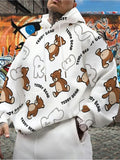 Digital Print - Men'S Cartoon Teddy Bear All-Over Print Hooded Pullover Sweatshirt, Spring/Autumn Long Sleeve Top, White Cute Bear Letter Print Kangaroo Pouch Hoodie, Casual Loose Knit Outerwear - Mixed colors