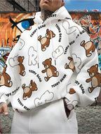 Digital Print - Men'S Cartoon Teddy Bear All-Over Print Hooded Pullover Sweatshirt, Spring/Autumn Long Sleeve Top, White Cute Bear Letter Print Kangaroo Pouch Hoodie, Casual Loose Knit Outerwear - Mixed colors