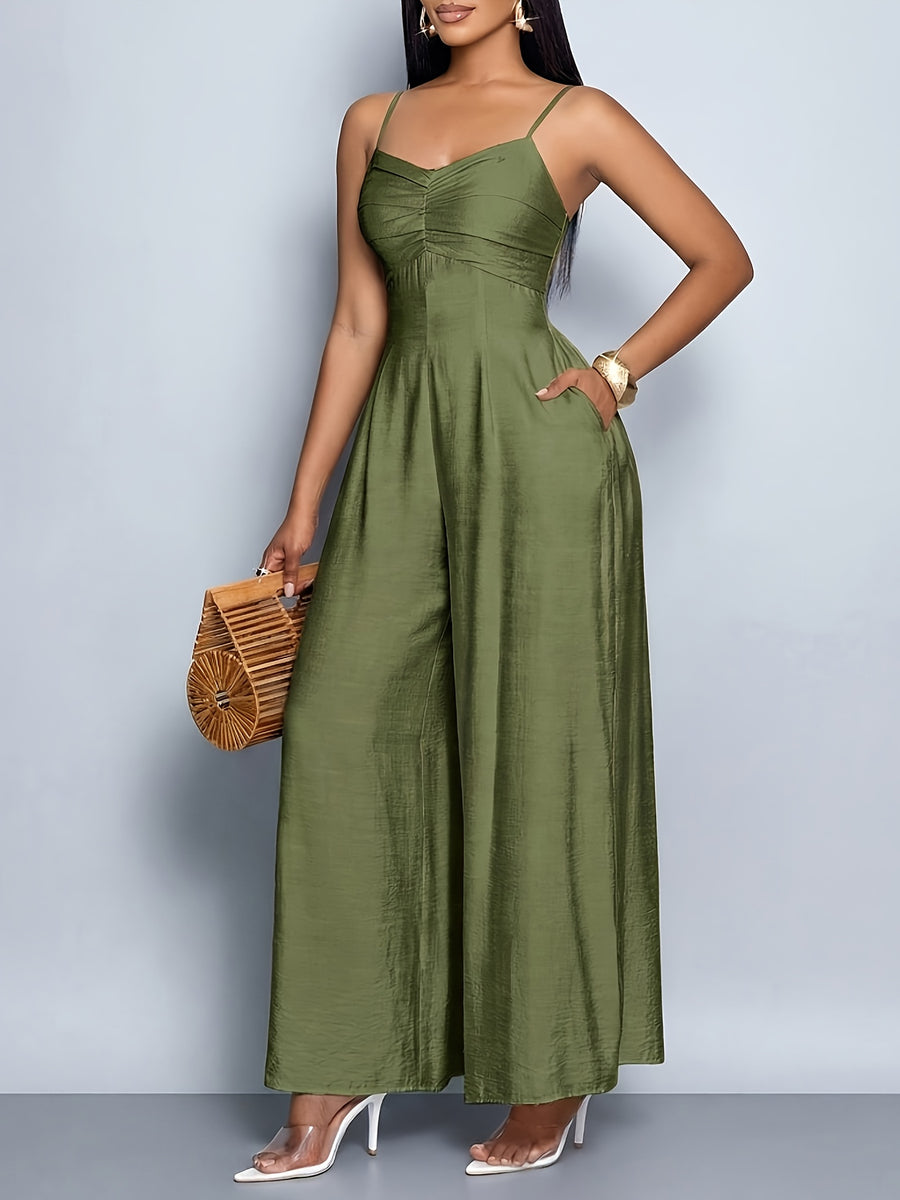 Women'S Draped Front Lace Up Backless Wide Leg Cami Jumpsuit | Elegant Solid Color, Sleeveless, Long Length, Suitable for Everyday Wear & Vacation - Olive Green