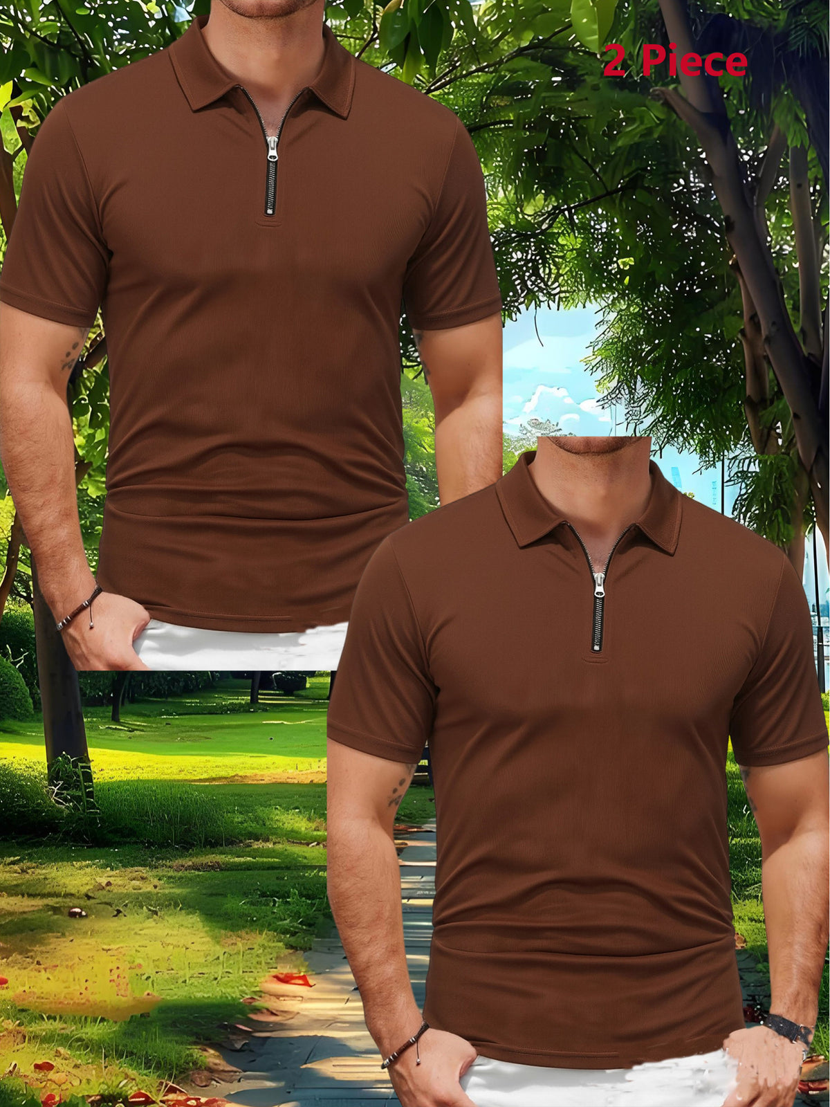 2pcs Men'S Sports Outdoor Casual Lapel Solid Color Breathable Zipper POLO Shirt - coffee 2pcs