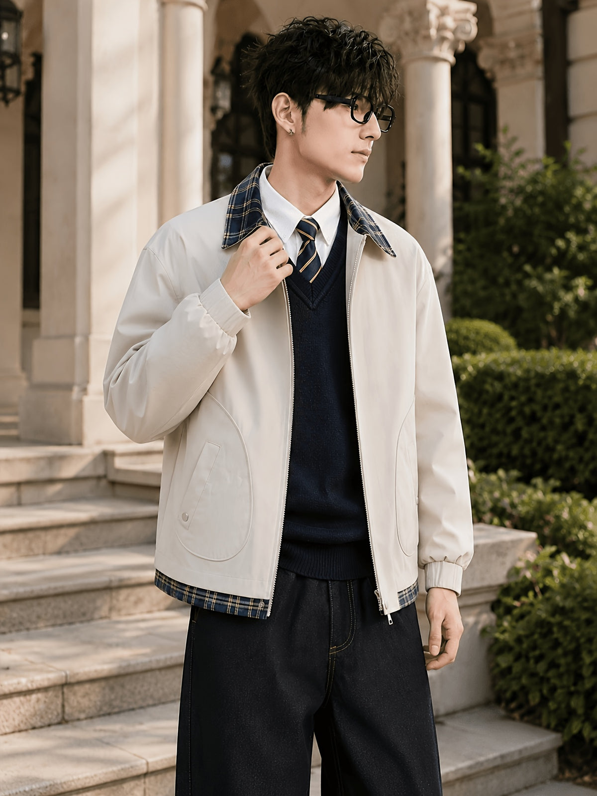 Men'S Spring Autumn Lapel Jacket, Retro Plaid Patchwork Collar Design, Loose Short Casual Top, Zippered Cardigan with Elastic Cuffs, Preppy Style Versatile Outerwear, Suitable for Commute, Campus, Streetwear, And Daily Wear - Milky