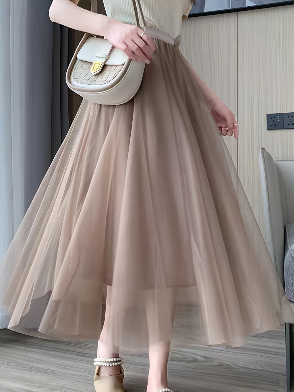 Double 10 Meter 3-Layer Tulle Skirt, Large Swing Puffy Long Skirt, High-Waisted Slim Fit Fairy Half Skirt, Mesh Skirt A-Line Skirt - Tawny