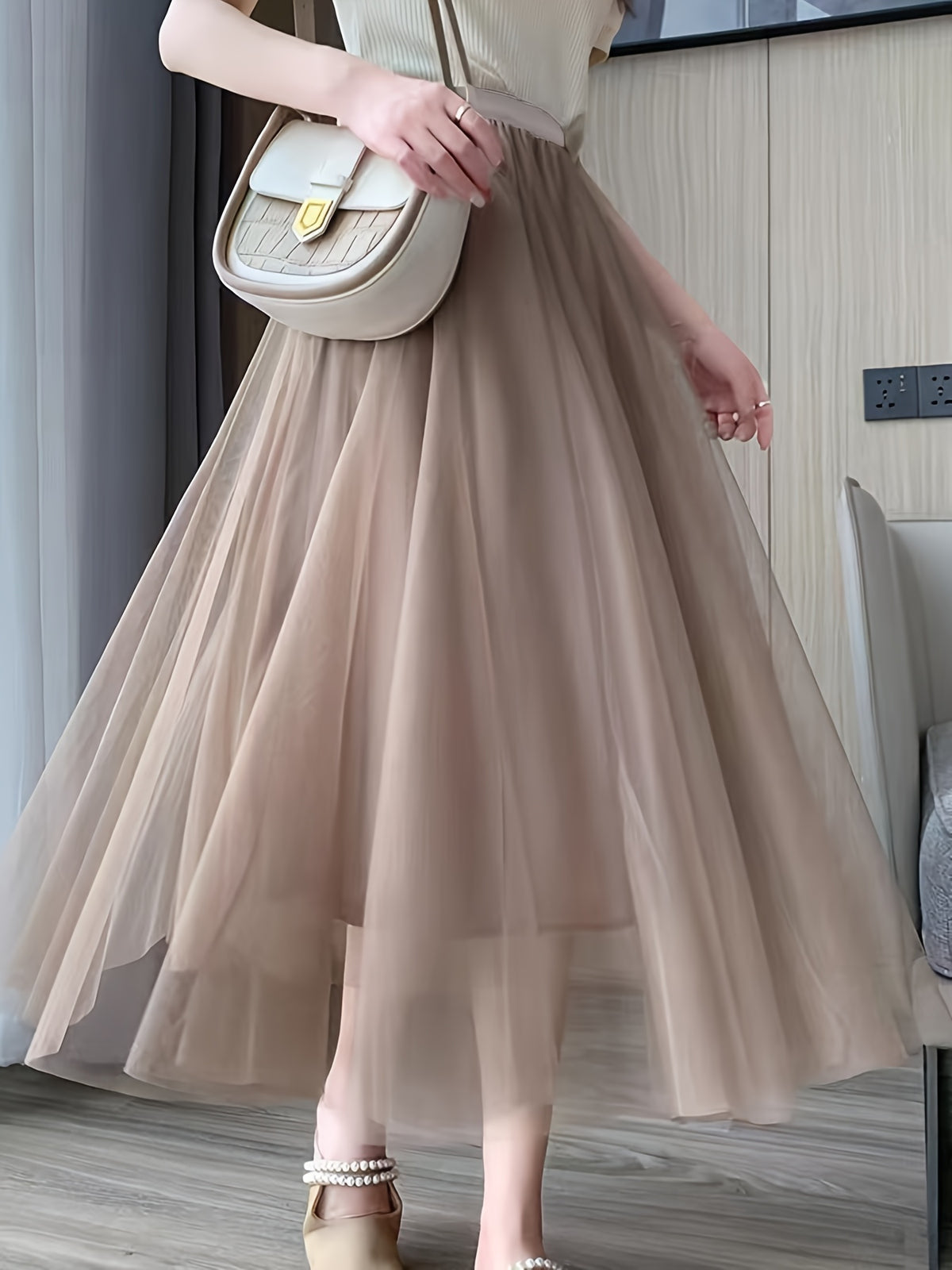 Double 10 Meter 3-Layer Tulle Skirt, Large Swing Puffy Long Skirt, High-Waisted Slim Fit Fairy Half Skirt, Mesh Skirt A-Line Skirt - Tawny