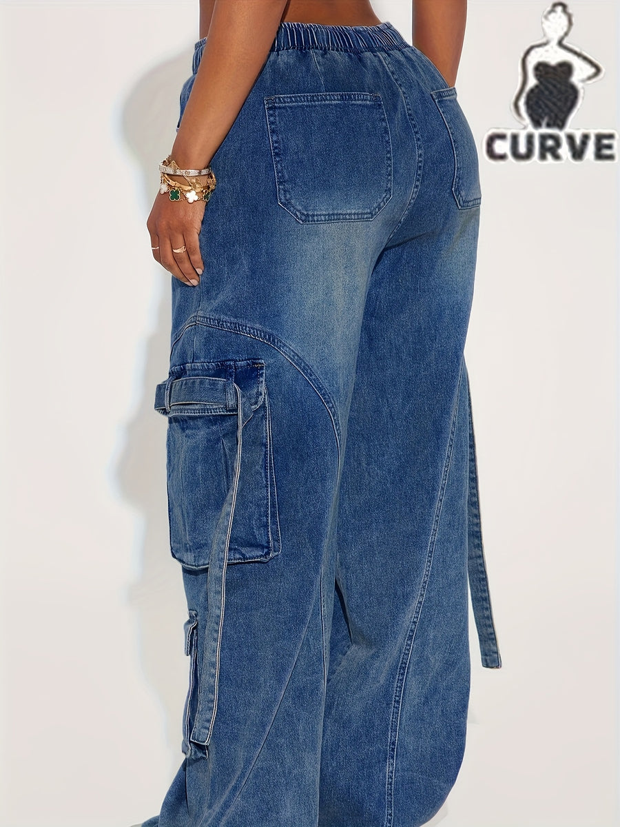 Women's Plus Size Washed Denim Elastic Waist Stretch Cargo Pants - Deep Blue
