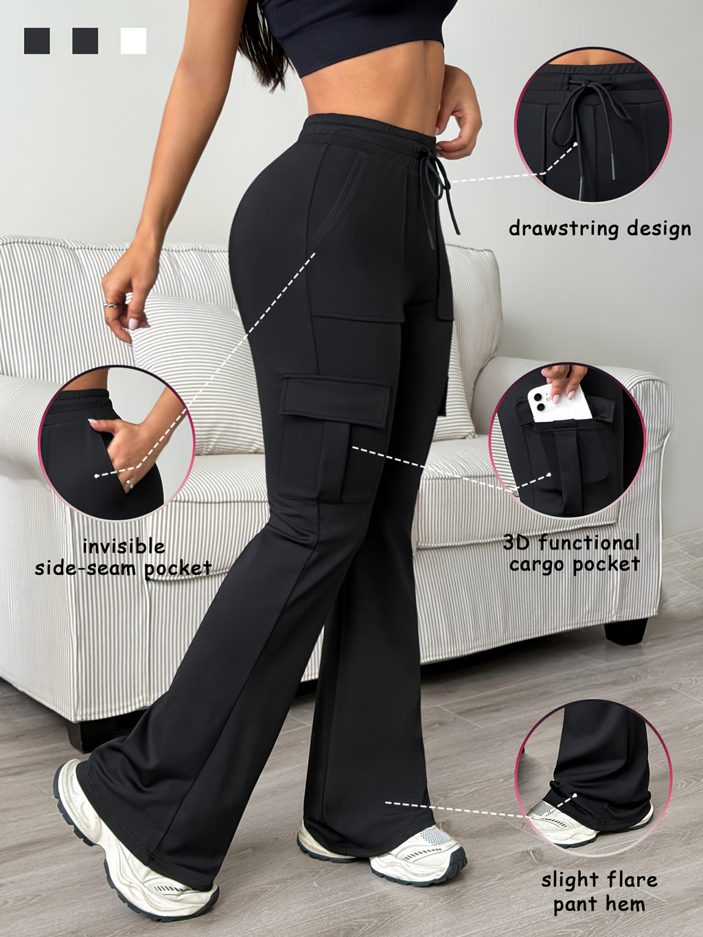Women's Athletic Cargo Jogger Pants with Multi-Functional Cargo Pocket & Slim-Fit Ankle Design - All-Season Workout Running Gym Pants with Drawstring Waist & Lightweight Stretch Fabric (Machine Washable) for Casual Outdoor Wear - Women's Sportswear - Black