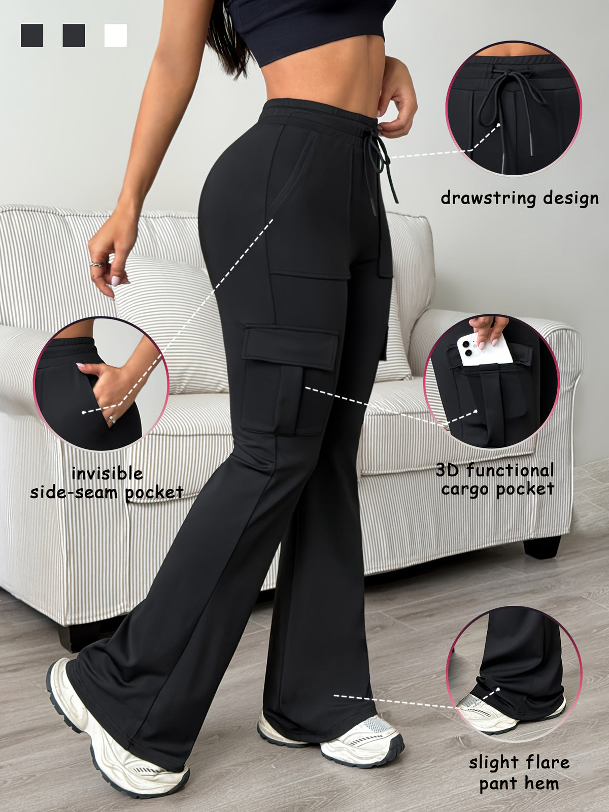 Women's Athletic Cargo Jogger Pants with Multi-Functional Cargo Pocket & Slim-Fit Ankle Design - All-Season Workout Running Gym Pants with Drawstring Waist & Lightweight Stretch Fabric (Machine Washable) for Casual Outdoor Wear - Women's Sportswear - Black