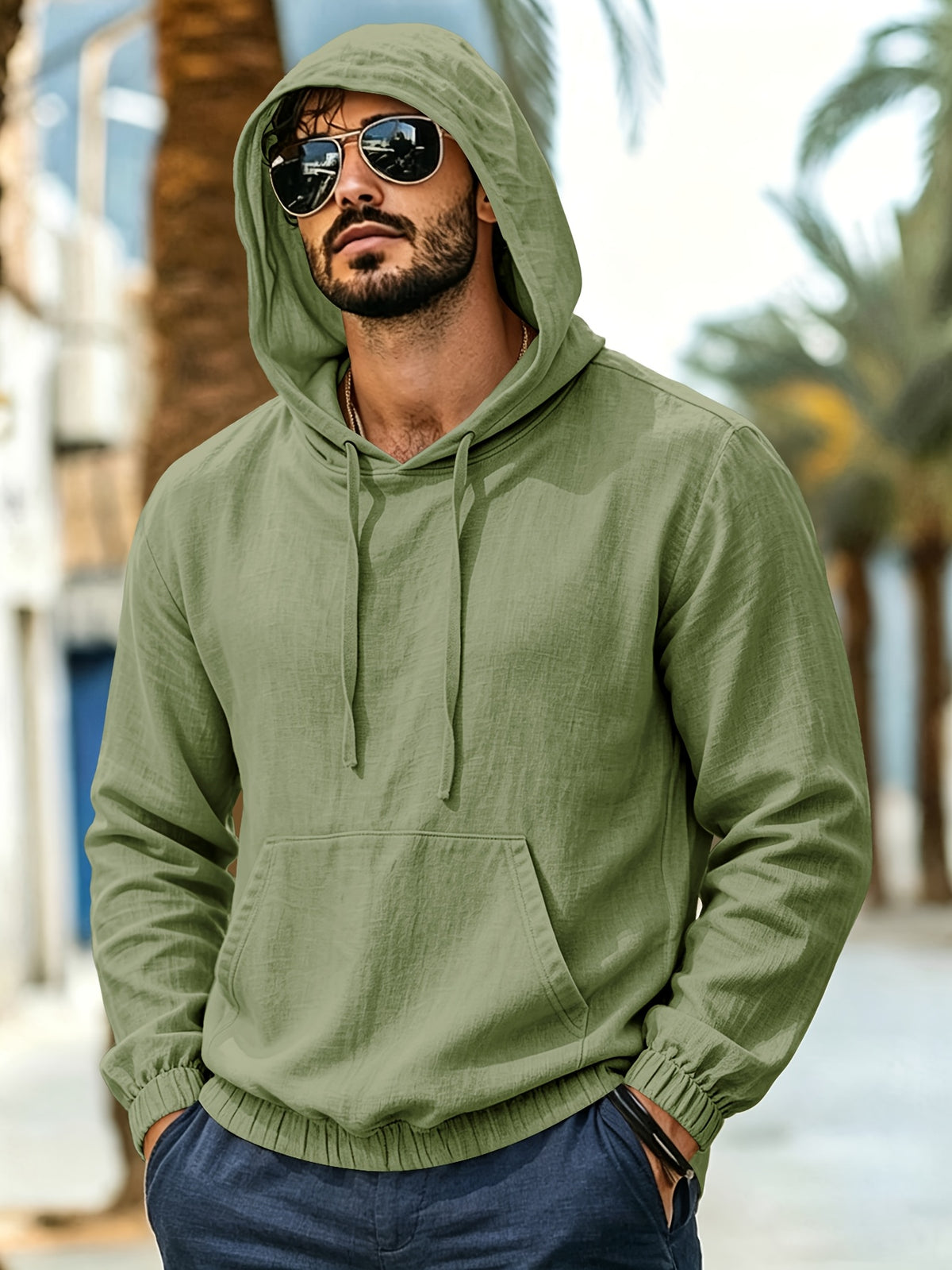 Men's New Spring/Autumn Linen Hooded T-Shirt, Suitable for Commuting, Parties, Outings, Travel, and Sports, Lightweight and Stylish Sweatshirt - Green