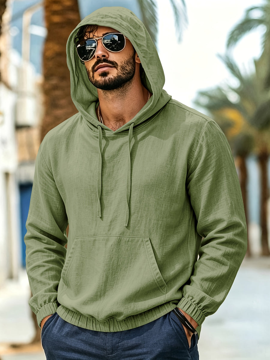Men's New Spring/Autumn Linen Hooded T-Shirt, Suitable for Commuting, Parties, Outings, Travel, and Sports, Lightweight and Stylish Sweatshirt - Green