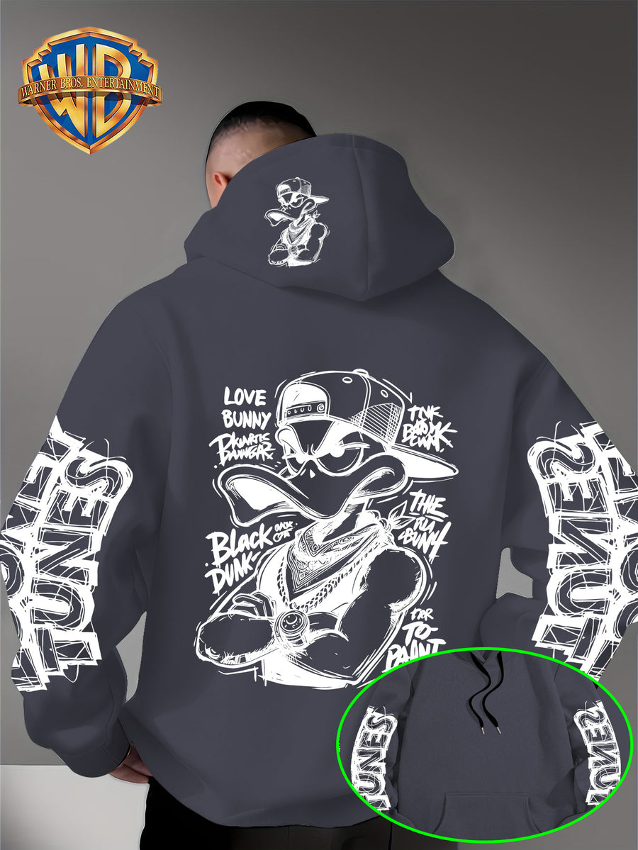 Dark Duffy Duck Pattern Print - Men'S Fashion Hoodie Sweatshirt, Trendy Sleeve Print Design, Suitable for Multi-Style Daily Wear Pullover, Soft And Delicate Touch, Helping You Be Comfortable And Stylish, Easily Mastered for Campus, Commuting - Dark Gray