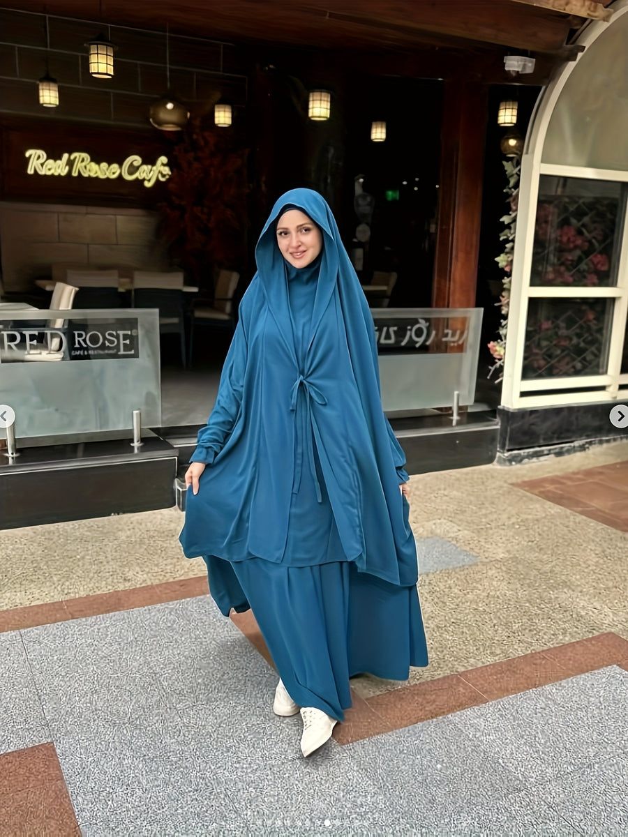 New Cross-Border Middle East Solid Color Women's Lace-Up Abaya 2pcs Set with Large Headscarf, Arabic Style P302 - Royal Blue