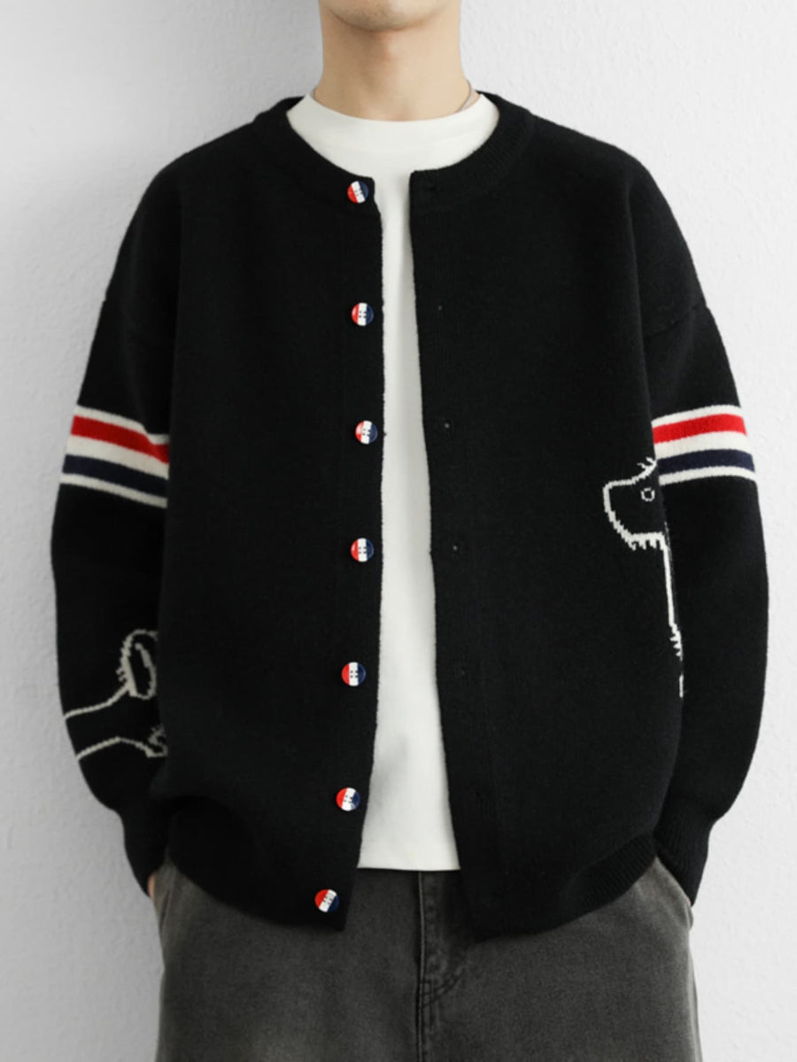 Autumn/Winter Men's Knitted Cardigan Coat, Academic Style Loose Fit Casual Thick Sweater, Trendy Brand Student Striped Patchwork Jacket MDKL-5017 - Black