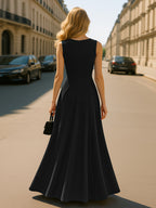 Elegant Women's Deep V-neck Sleeveless Dress with High Waist and Cinched Waistline, Featuring a High Front Slit Design. The Flowing A-line Skirt Shape Enhances Body Proportions, Elongating Legs and Exuding Grace. Suitable for Semi-formal Occasions - Black