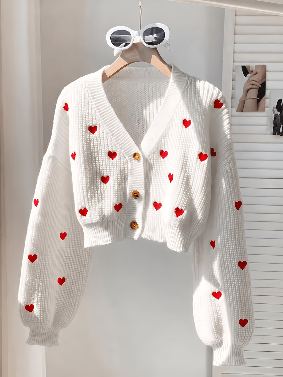 Women's Cardigan with Embroidered Heart, Contrast Color Pattern, V-Neck, Cropped Style, Button-Up Outerwear; Red Cropped Cardigan with Heart Embroidery, Long Sleeves, V-Neck, Versatile Girly Style Jacket Top - White
