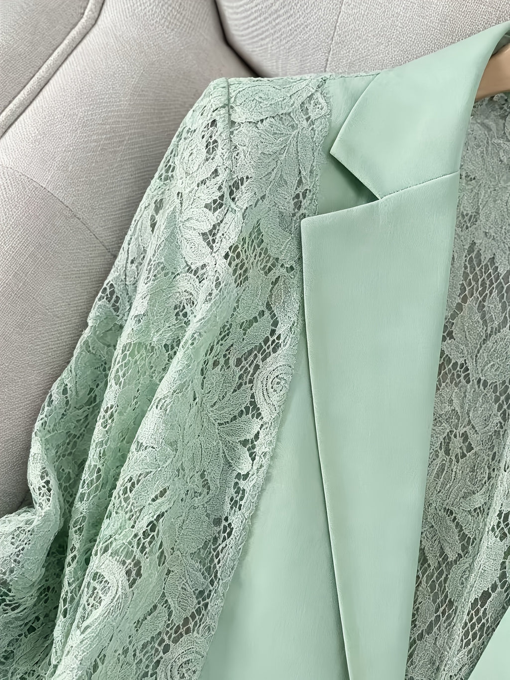Women'S Thin Patchwork Lace Lightweight Suit Design Casual Temperament Three-Quarter Sleeve Casual Lapel Suit Top - Light Green