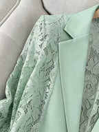Women'S Thin Patchwork Lace Lightweight Suit Design Casual Temperament Three-Quarter Sleeve Casual Lapel Suit Top - Light Green