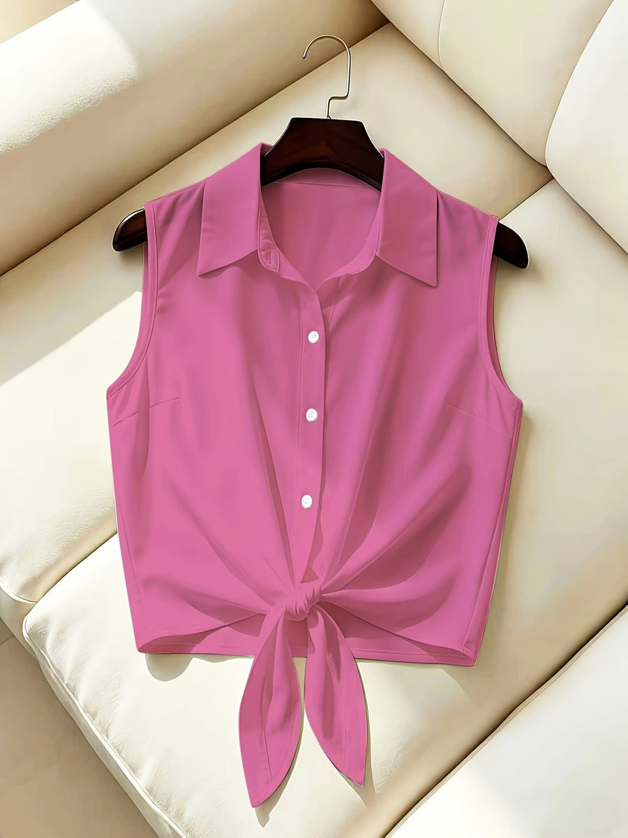 Women's New Spring/Summer Elegant French-Style Minimalist Lapel Sleeveless Shirt, Single-Breasted with Hem Tie Design, Lightweight, Breathable, and Slim-Fitting, a Summer Top Suitable for Women in Spring and Summer, Casual Style Women's Top - Rose Red