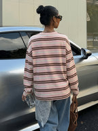 Vintage Brown/White/Blue Striped Oversized T-Shirt - Loose Fit Drop Shoulder Long Sleeve Top Suitable for Slightly Fuller Figures, Machine Washable Layering Piece for Fall Winter Wardrobe, Pilling & Fade Resistant Style - Mixed Color 2