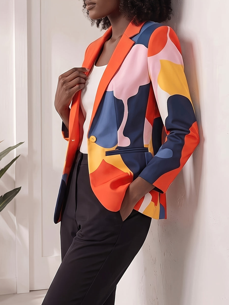 Elegant Women'S Casual Fall Winter Western Abstract Contrast Print Suit Women'S Slim Artistic Style Commuter Blazer - Mixed colors