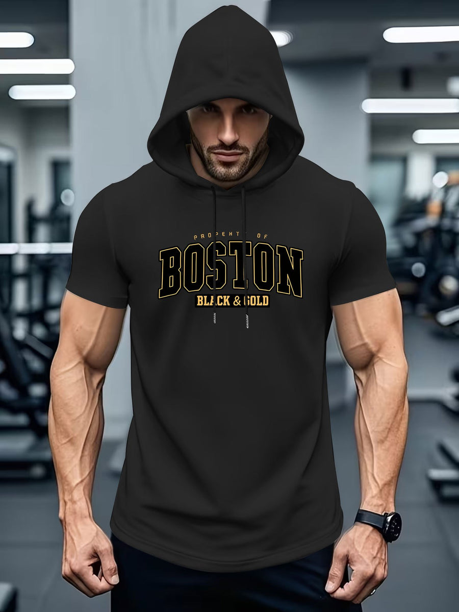American Urban Element Style! BOSTON Lettering And BLACK & Golden Slogan Print, Hooded T-Shirt for City Sentiment - Black