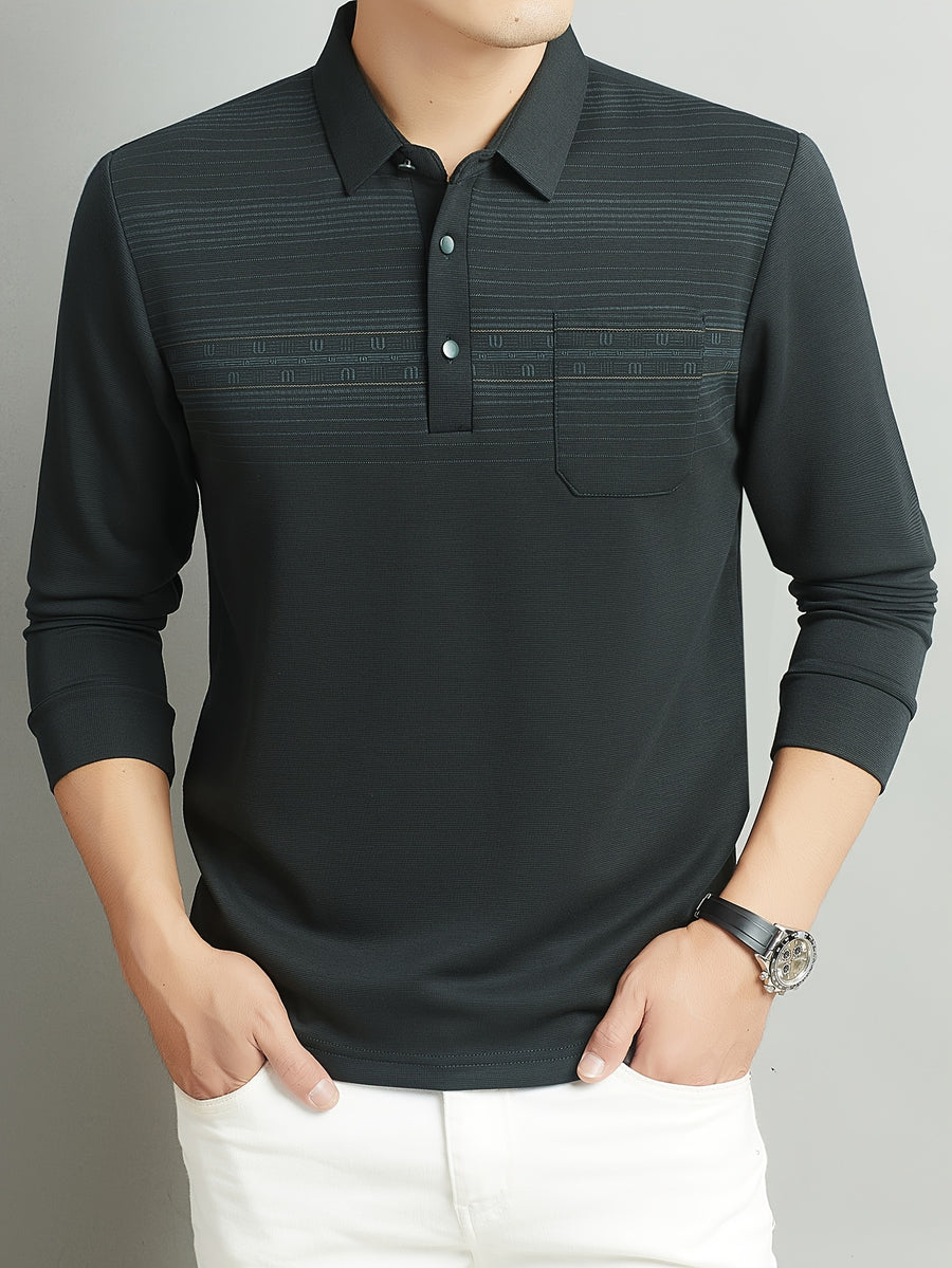 Middle-Aged Men'S Long Sleeve Polo Shirt Spring Autumn Business Casual Lapel Striped with Pocket Top - Dark Green